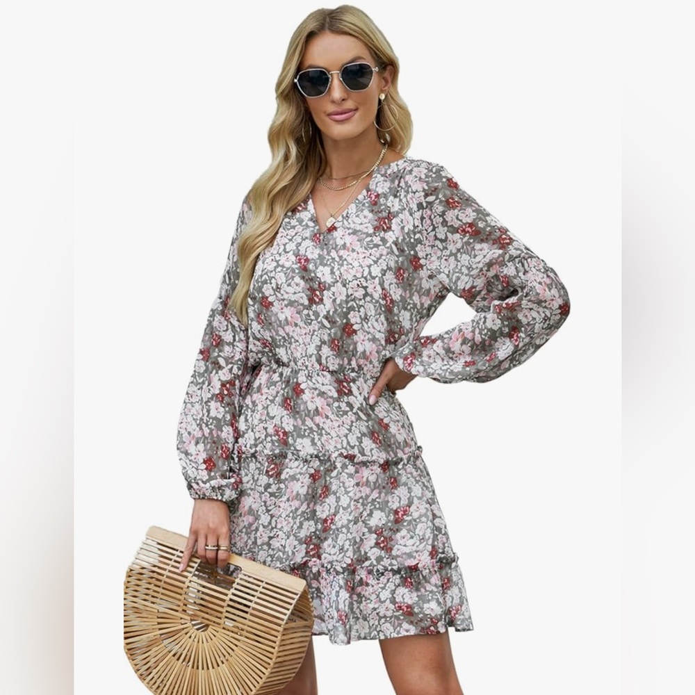 Women's V Neck Puff Sleeves Floral Mini Dress - Picture 2 of 7